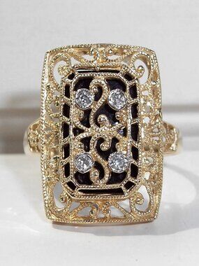 10K Yellow Gold Black Onyx & Diamond Filigree Ring Women's Size 10